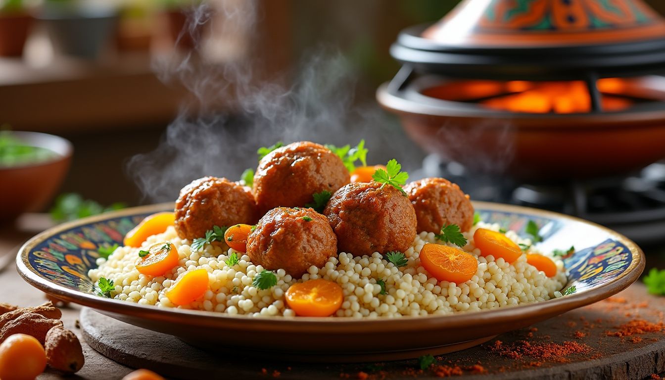découvrez notre délicieuse recette de couscous aux boulettes de poulet et abricots halal, un plat savoureux qui allie tendreté et douceur. idéal pour un repas convivial en famille ou entre amis, ce couscous marie harmonieusement épices, légumes frais et fruits secs. facile à préparer, cette recette ravira vos papilles tout en respectant les règles de la cuisine halal.