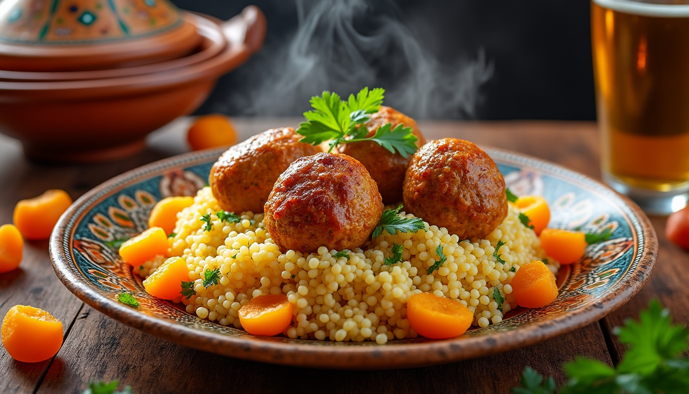 découvrez notre délicieuse recette de couscous aux boulettes de poulet et abricots halal, alliant saveurs orientales et douceur des fruits. parfaite pour un repas convivial, elle ravira vos convives avec ses saveurs authentiques et sa simplicité de préparation.