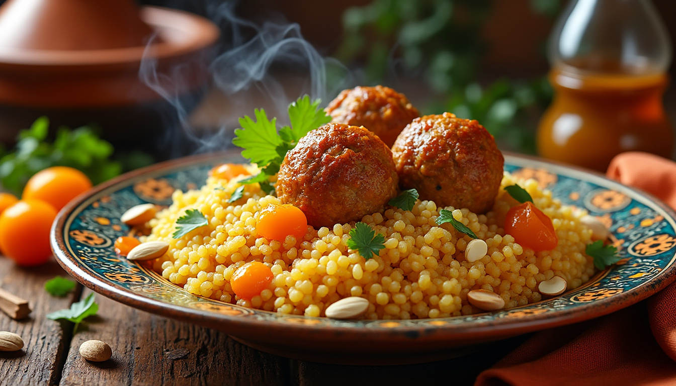 découvrez une délicieuse recette de couscous aux boulettes de poulet et abricots halal. ce plat savoureux allie la tendresse du poulet aux douceurs des abricots, le tout accompagné de semoule parfaitement cuite. parfait pour un repas familial ou entre amis, cette recette vous emmène en voyage au cœur des saveurs orientales.
