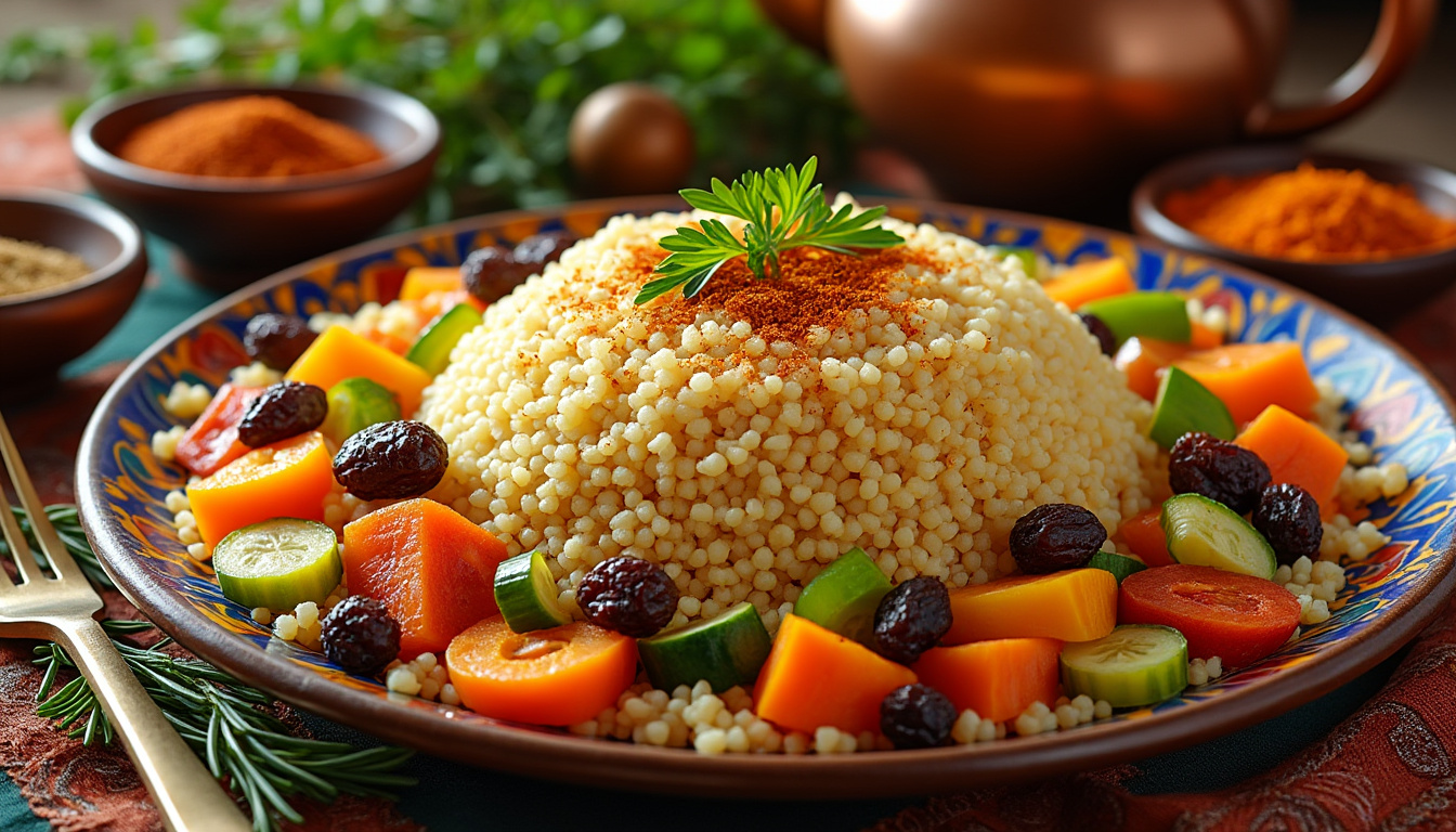 découvrez notre délicieuse recette de couscous aux légumes, fruits secs et épices halal, parfaite pour un repas savoureux et réconfortant. savourez un mélange harmonieux de textures et de saveurs qui ravira vos convives. préparez-vous à être transporté dans un voyage culinaire aux notes orientales!