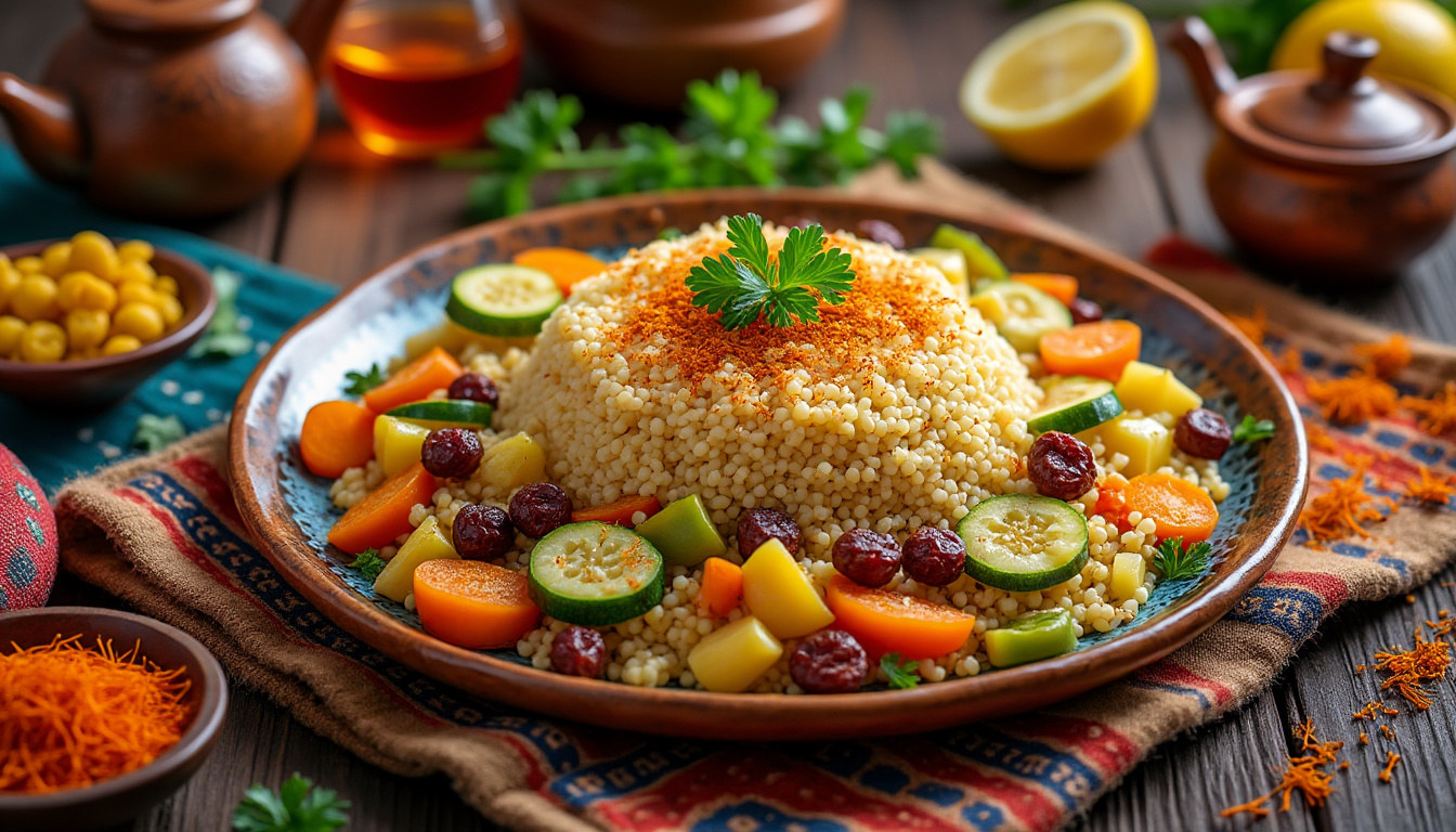 découvrez notre délicieuse recette de couscous aux légumes, agrémentée de fruits secs et d'épices halal. un plat savoureux, riche en saveurs et idéal pour un repas convivial. parfait pour régaler vos invités lors de vos repas en famille ou entre amis.
