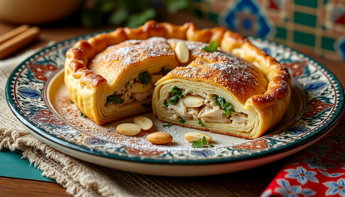 découvrez notre délicieuse recette de pastilla au poulet halal, une spécialité marocaine savoureuse et festive. apprenez à préparer cette tourte croustillante garnie de poulet parfumé aux épices, d'amandes et d'une touche sucrée, idéale pour vos repas en famille ou vos occasions spéciales.