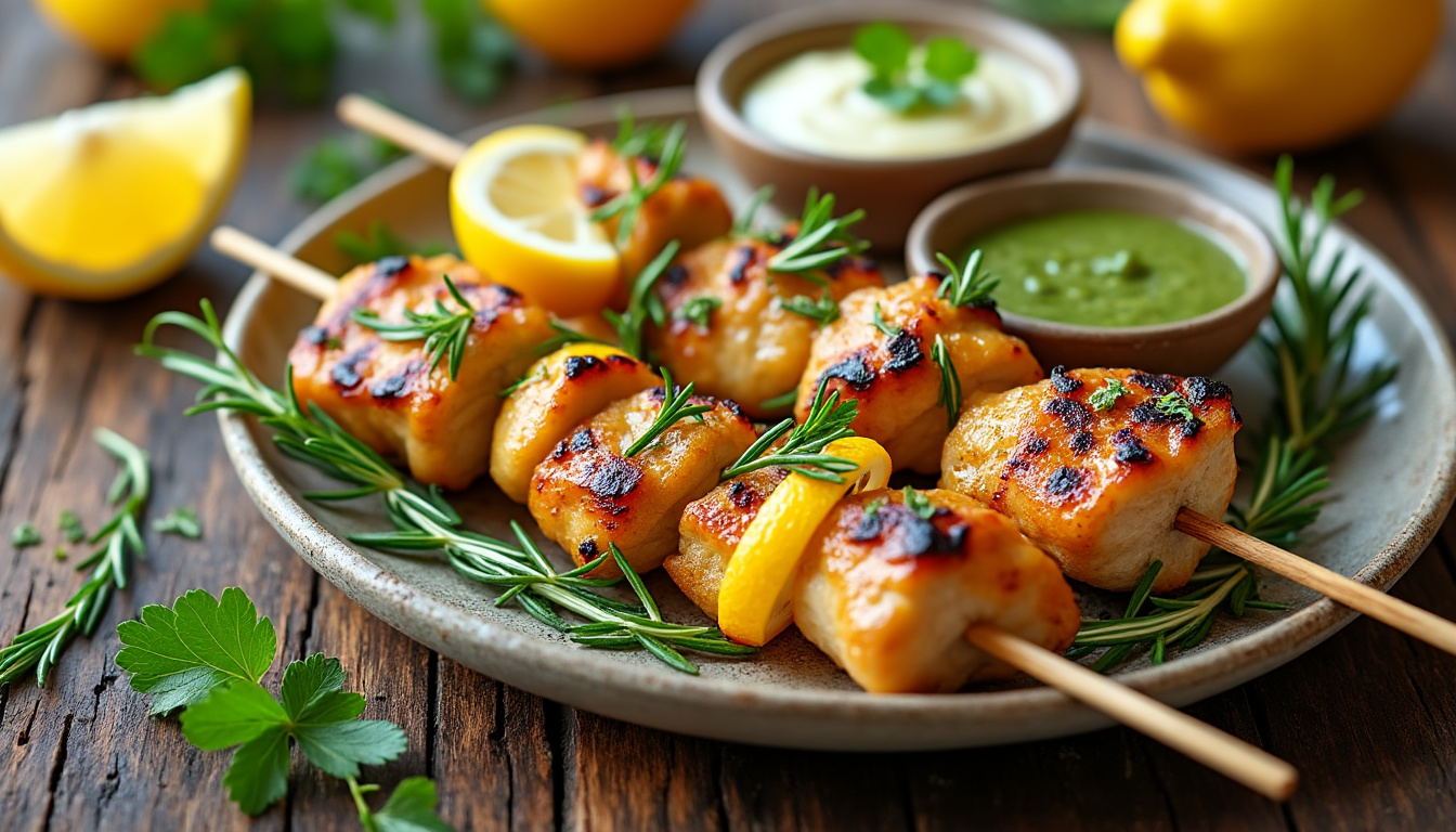 découvrez notre délicieuse recette de brochettes de poulet au citron et romarin, préparées avec des ingrédients halal. savourez une combinaison parfaite de saveurs fraîches et aromatiques, idéale pour un repas convivial ou un barbecue.