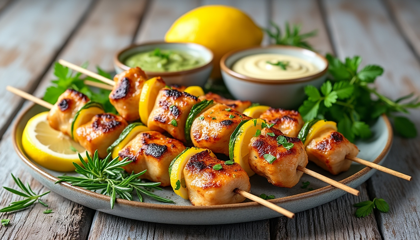 découvrez notre délicieuse recette de brochettes de poulet au citron et romarin, parfaitement halal ! succulentes et parfumées, ces brochettes sont idéales pour un barbecue ou un dîner en famille. suivez notre guide pas à pas pour un plat savoureux qui ravira vos convives.