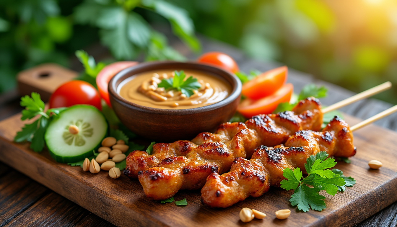 découvrez notre délicieuse recette de brochettes de poulet au satay halal, facile à réaliser et pleine de saveurs. parfaites pour vos barbecues ou dîners en famille, ces brochettes marient le tendre poulet à une sauce satay onctueuse, pour un voyage gustatif coloré et gourmand.