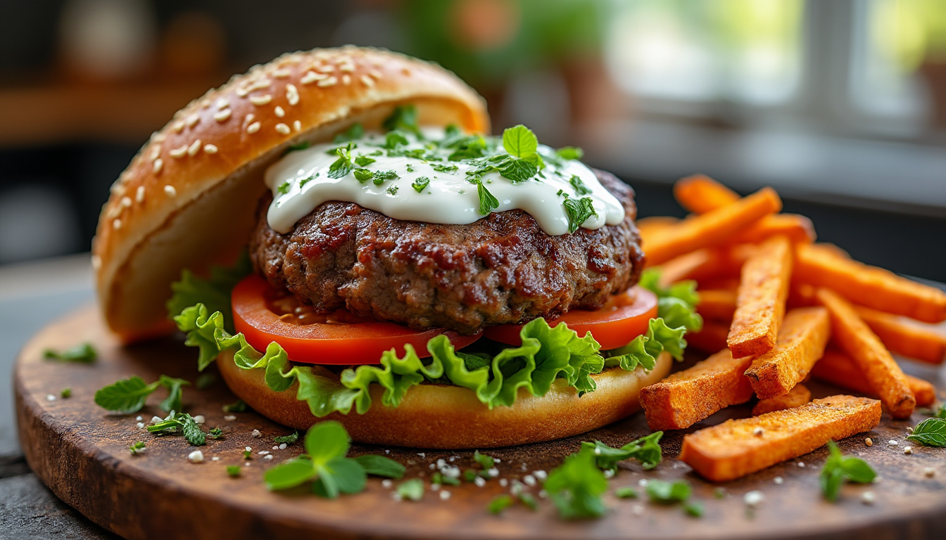 dĂ©couvrez notre dĂ©licieuse recette de burger dâagneau halal aux herbes, alliant saveurs mĂ©diterranĂ©ennes et ingrĂ©dients frais pour un repas savoureux. parfait pour les amateurs de viande halal Ă la recherche d'une alternative gourmande aux classiques burgers. Ă vos fourneaux !