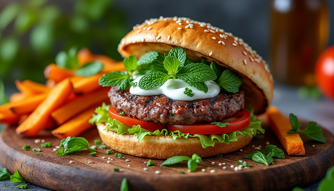 découvrez notre délicieuse recette de burger d'agneau halal aux herbes, alliant saveurs authentiques et ingrédients de qualité. parfaite pour un repas en famille ou entre amis, ce burger savoureux ravira vos papilles. idéal pour un dîner réussi !