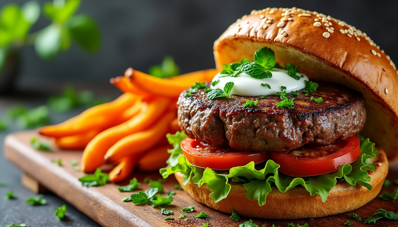 découvrez notre délicieuse recette de burger d'agneau halal aux herbes. savourez un mélange parfait de saveurs avec de l'agneau juteux, des herbes aromatiques et des ingrédients frais, pour un repas savoureux et convivial. idéal pour vos barbecues ou repas en famille, cette recette facile à réaliser ravira tous les gourmands !