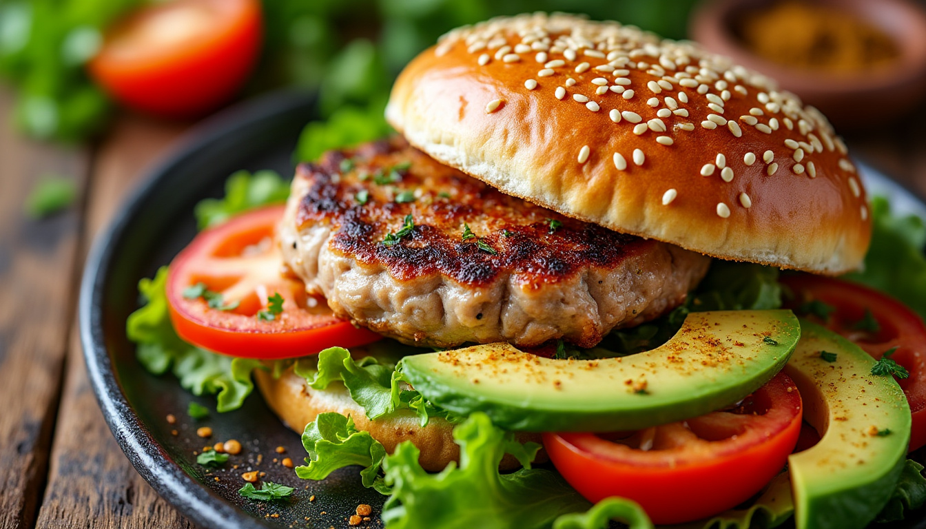 découvrez notre délicieuse recette de burger de dinde aux épices halal, savoureuse et facile à préparer. parfait pour un repas convivial, ce burger combine la tendresse de la dinde avec des épices aromatiques pour un goût inoubliable. régalez vos proches avec ce plat qui convient à tous, tout en respectant vos choix alimentaires.