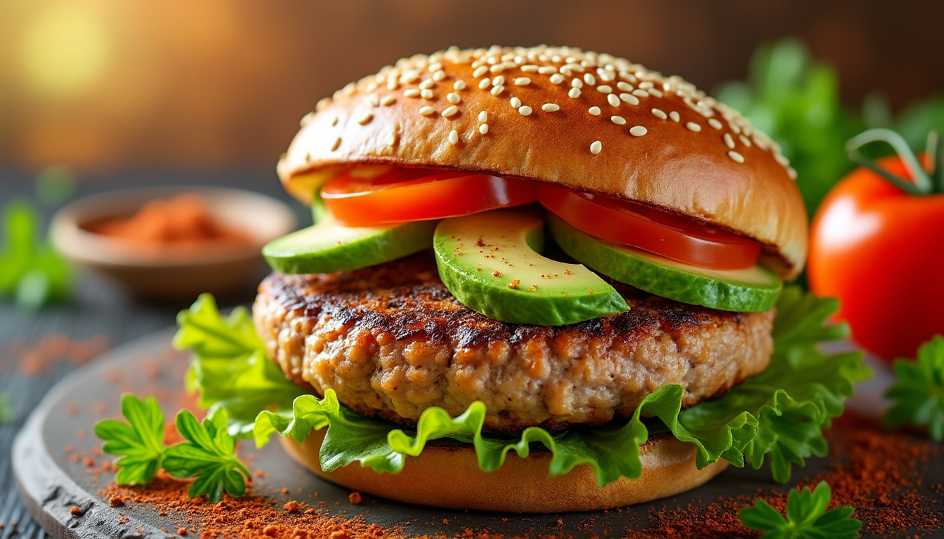 découvrez notre délicieuse recette de burger de dinde aux épices halal, parfaite pour un repas savoureux et équilibré. facile à préparer, ce burger juteux allie le goût de la dinde à un mélange d'épices aromatiques, pour une expérience culinaire unique. idéal pour toute la famille, régalez-vous avec cette option saine et gourmande !