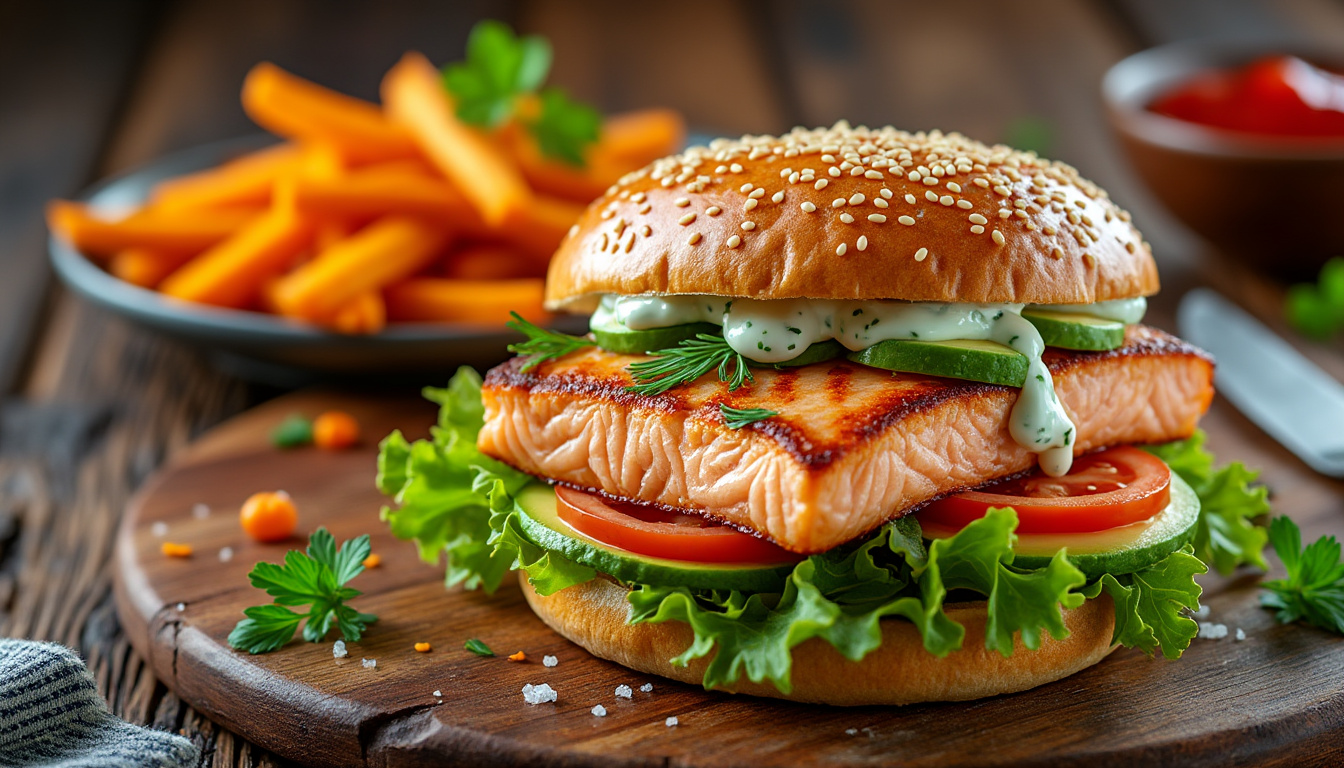 découvrez notre délicieuse recette de burger de saumon halal, un plat savoureux et sain qui ravira vos papilles. facile à préparer, ce burger allie le goût délicat du saumon aux ingrédients frais pour une expérience culinaire inoubliable.