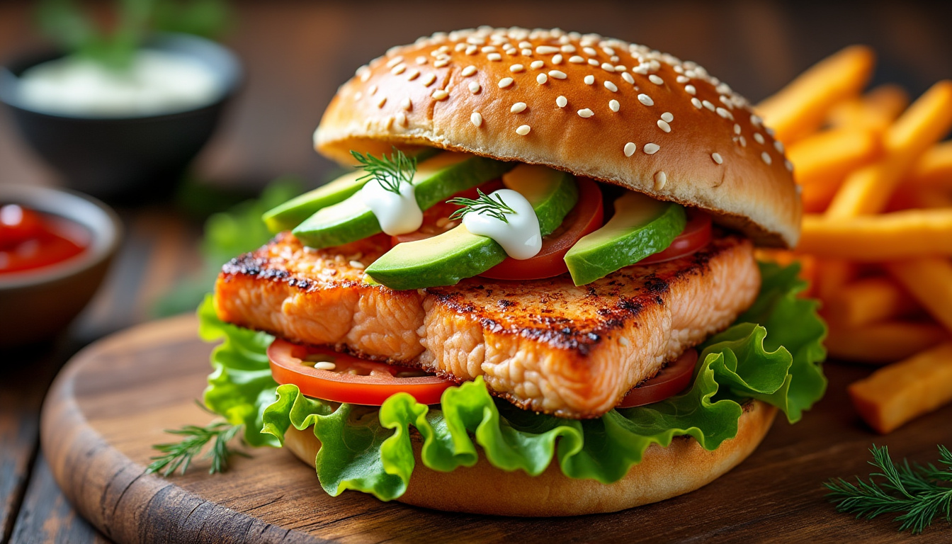 découvrez notre délicieuse recette de burger de saumon halal, un plat savoureux et facile à réaliser qui ravira vos papilles. parfait pour un repas équilibré, ce burger allie le goût frais du saumon à des ingrédients de qualité. idéal pour les amateurs de cuisine saine et gourmande !