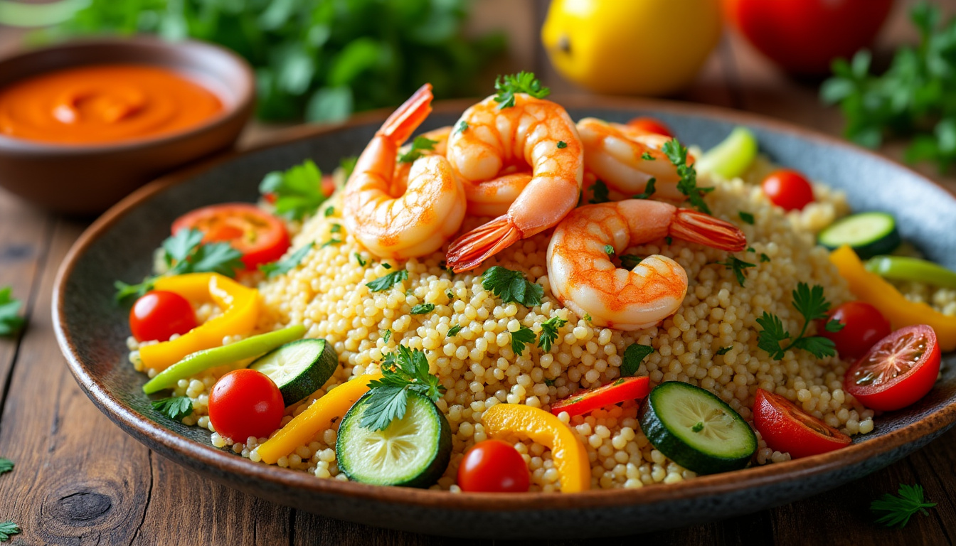 découvrez notre délicieuse recette de couscous aux crevettes halal, un plat savoureux et parfumé qui ravira vos papilles. facile à préparer, ce couscous allie la tendreté des crevettes à des épices envoûtantes. idéal pour vos repas en famille ou entre amis, cet incontournable de la cuisine traditionnelle n'attend plus que vous!