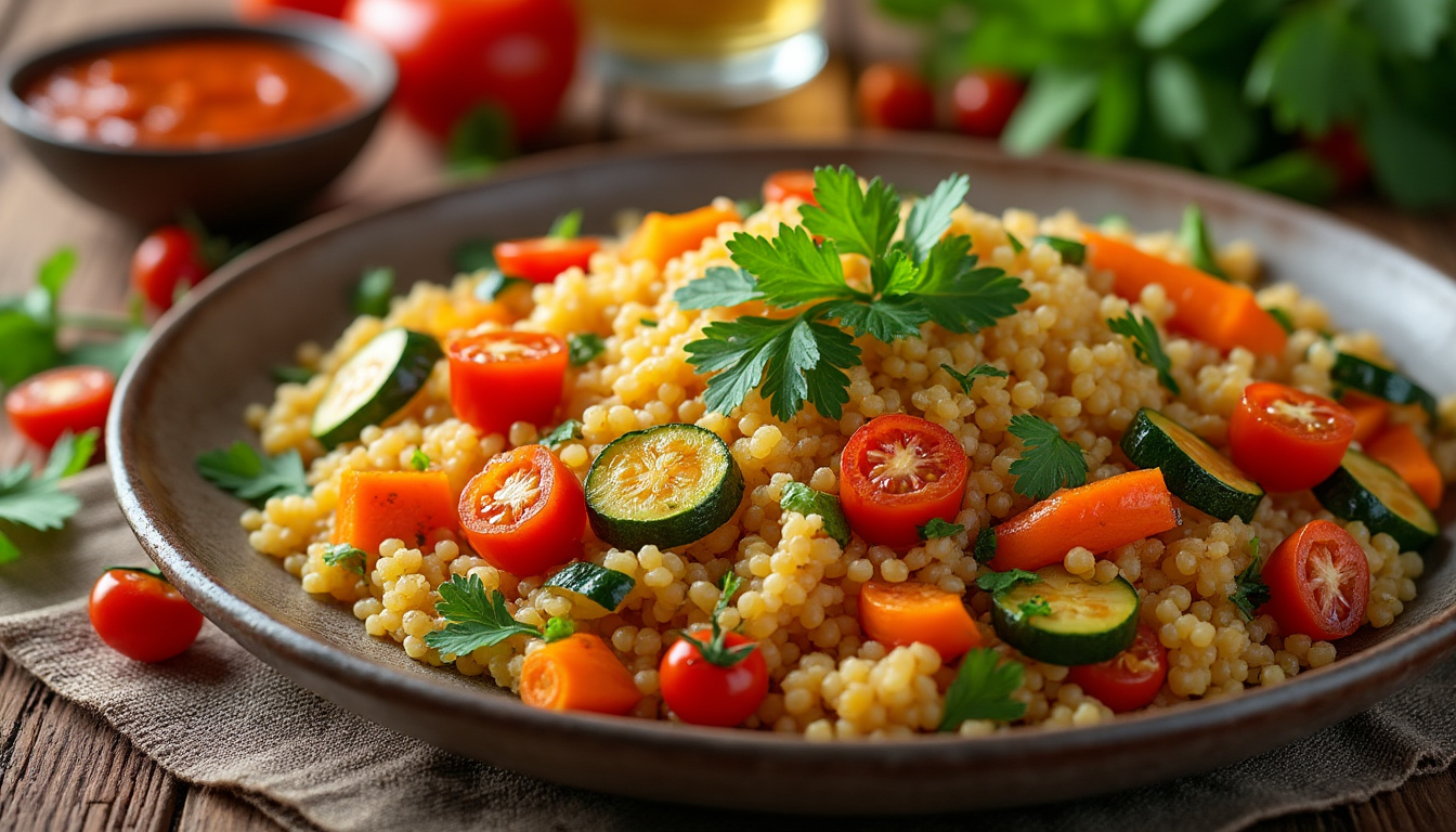 découvrez notre délicieuse recette de couscous aux légumes méditerranéens halal, une explosion de saveurs et de couleurs dans votre assiette. parfaite pour un repas convivial, cette recette simple et rapide met en avant des ingrédients frais et sains pour régaler toute la famille.