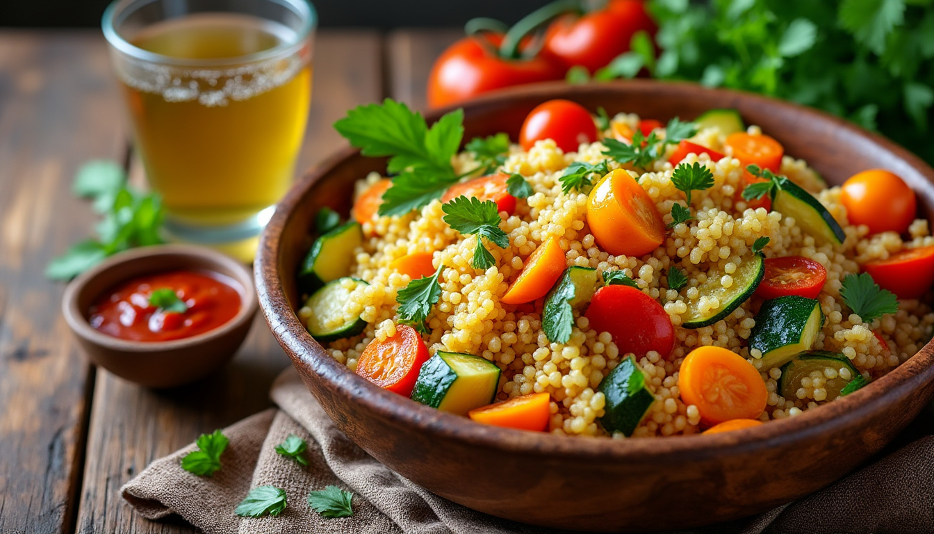 découvrez notre délicieuse recette de couscous aux légumes méditerranéens, parfaite pour un repas halal savoureux et coloré. facile à préparer, ce plat vous emmène en voyage au cœur des saveurs du sud, avec des légumes frais et des épices réconfortantes.