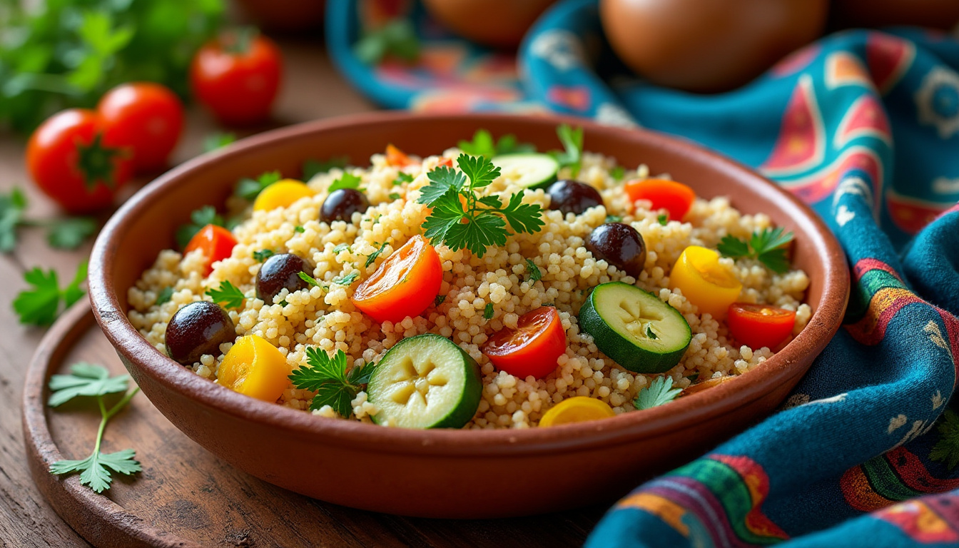 découvrez notre délicieuse recette de couscous aux légumes méditerranéens halal, un plat savoureux et coloré qui ravira vos papilles. facile à préparer, ce couscous parfumé est parfait pour un repas en famille ou entre amis, alliant santé et convivialité avec des ingrédients frais et de saison.