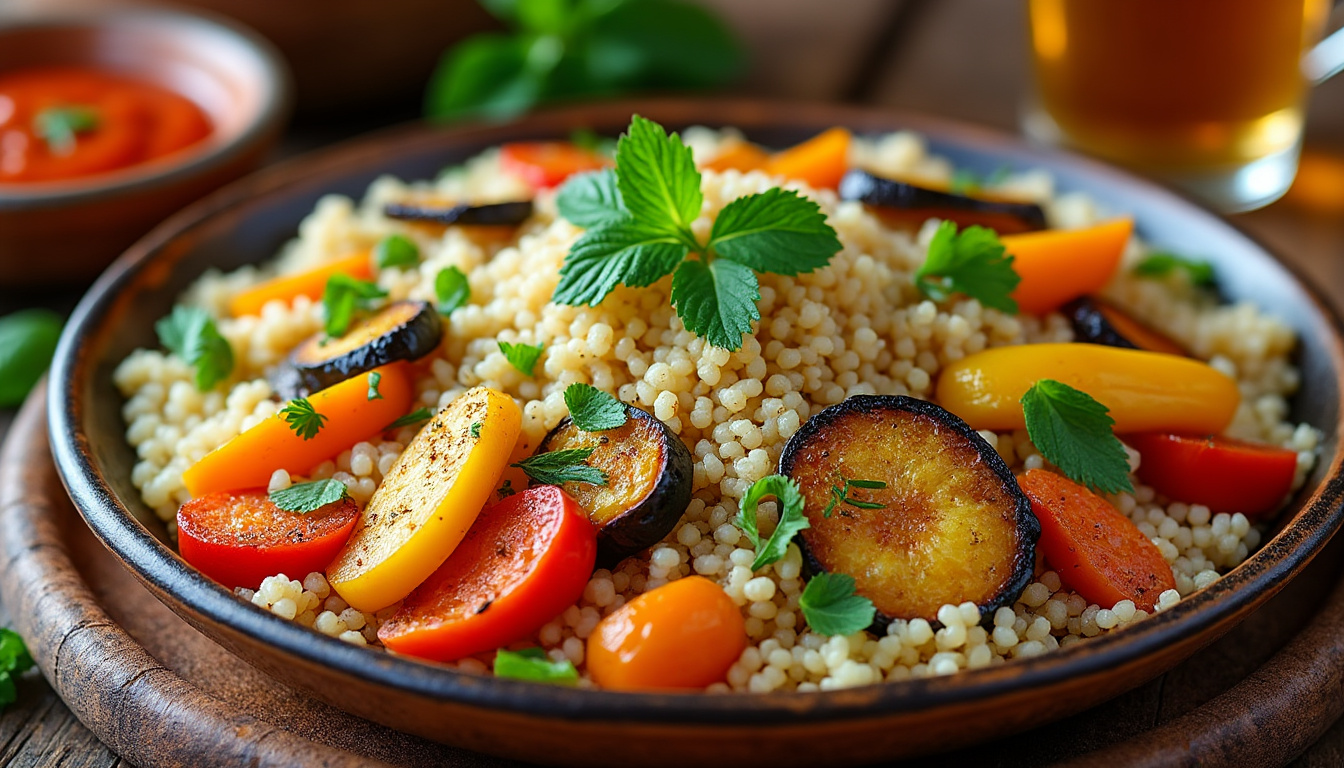 découvrez notre délicieuse recette de couscous aux légumes rôtis halal. un plat savoureux et coloré, idéal pour un repas en famille ou entre amis. facile à préparer, il allie le goût des légumes rôtis à la légèreté du couscous. parfait pour tous les gourmands !