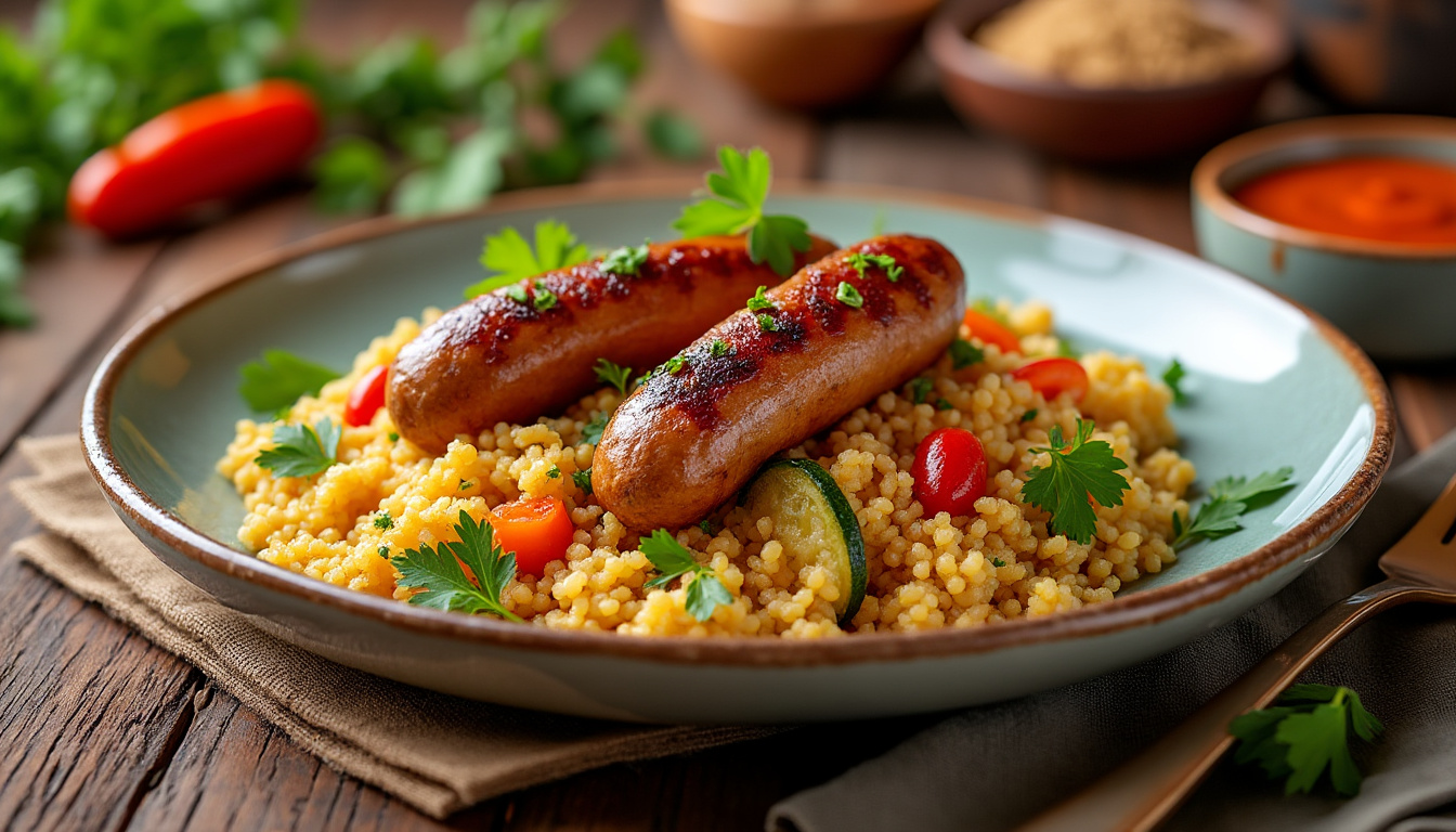 découvrez notre délicieuse recette de couscous aux merguez de poulet halal, un plat savoureux et réconfortant qui ravira vos convives. facile à préparer, cette recette allie épices, légumes frais et tendres merguez de poulet pour un repas irrésistible. parfait pour vos dîners en famille ou entre amis !