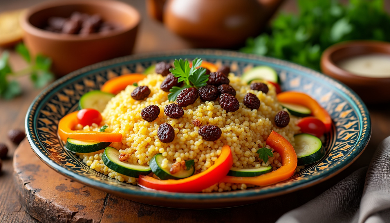 découvrez notre délicieuse recette de couscous aux raisins secs halal, un plat savoureux et parfumé qui ravira vos convives. facile à préparer, ce couscous se marie parfaitement avec des légumes variés et vos viandes préférées. idéal pour un repas convivial en famille ou entre amis.