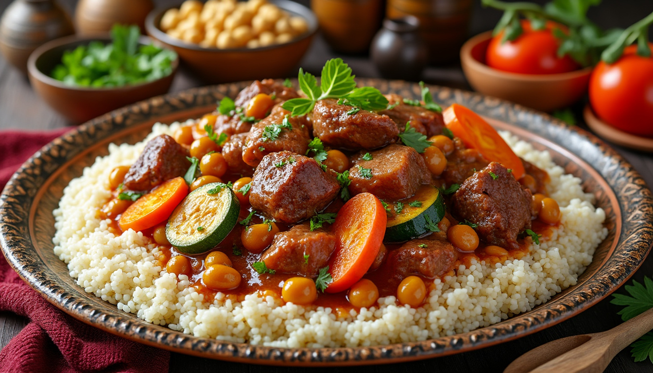découvrez notre recette savoureuse de couscous royal aux sept viandes halal, un plat traditionnel qui allie délicatesse et richesses des saveurs. idéal pour vos grandes occasions, ce couscous saura ravir vos invités avec ses viandes tendres et ses légumes parfumés. suivez nos étapes faciles pour préparer ce délice berbère à la maison.