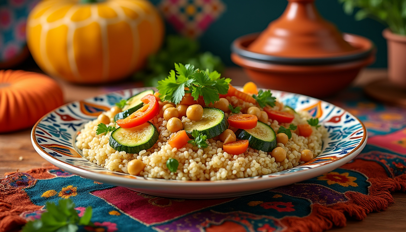 découvrez notre délicieuse recette de couscous végétarien halal aux pois chiches, un plat savoureux et réconfortant. facile à préparer, il allie des légumes colorés et des épices parfumées pour un repas sain et équilibré. parfait pour régaler vos invités ou pour un dîner en famille!
