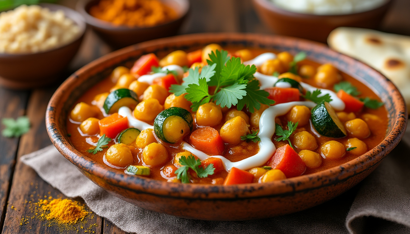 découvrez notre délicieuse recette de curry de légumes aux pois chiches halal, un plat savoureux et réconfortant. facile à préparer, cette recette allie des légumes frais et des épices parfumées pour une expérience culinaire unique. idéale pour un repas végétarien et plein de goût !
