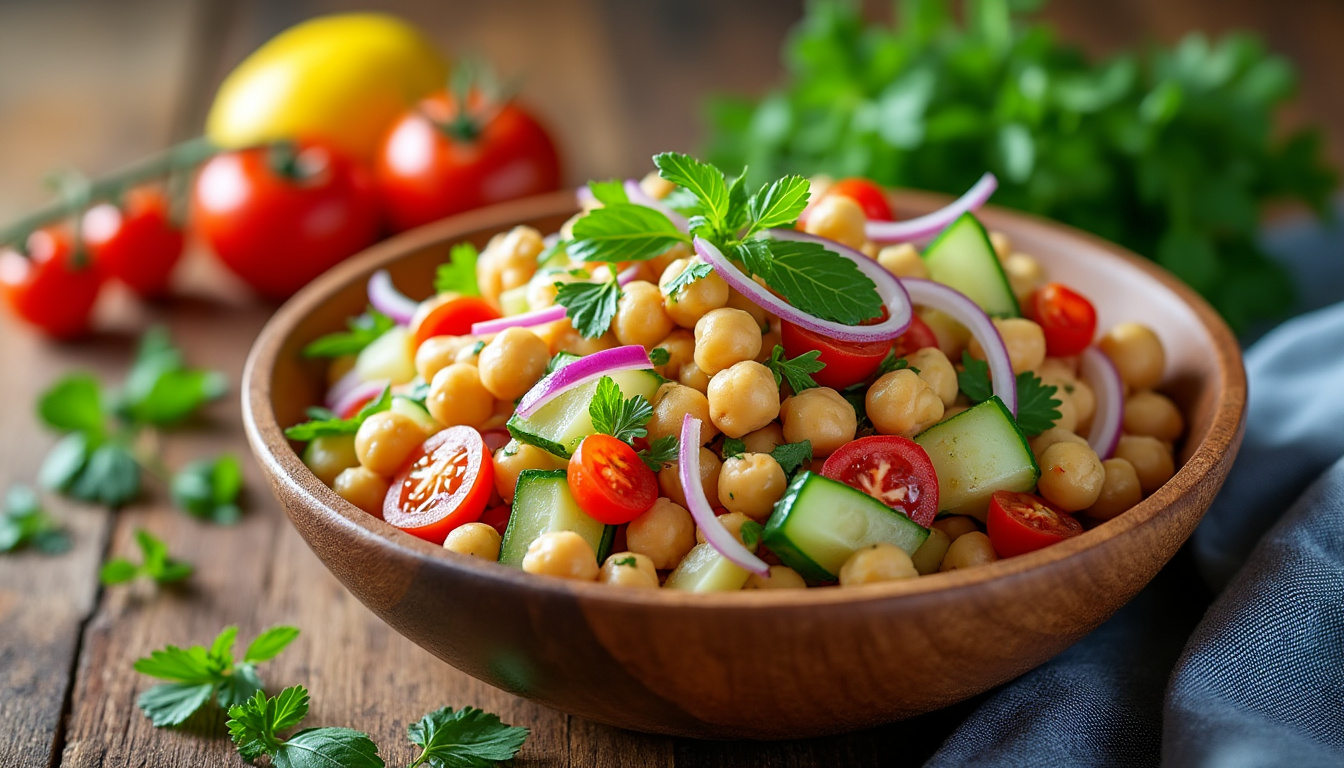 découvrez notre délicieuse recette de salade de pois chiches halal, un plat savoureux et nutritif qui allie fraîcheur et simplicité. parfaite pour un repas léger ou en accompagnement, cette salade colorée ravira vos papilles avec ses ingrédients sains et son assaisonnement savoureux. facile à préparer, elle est idéale pour tous les amateurs de cuisine méditerranéenne.