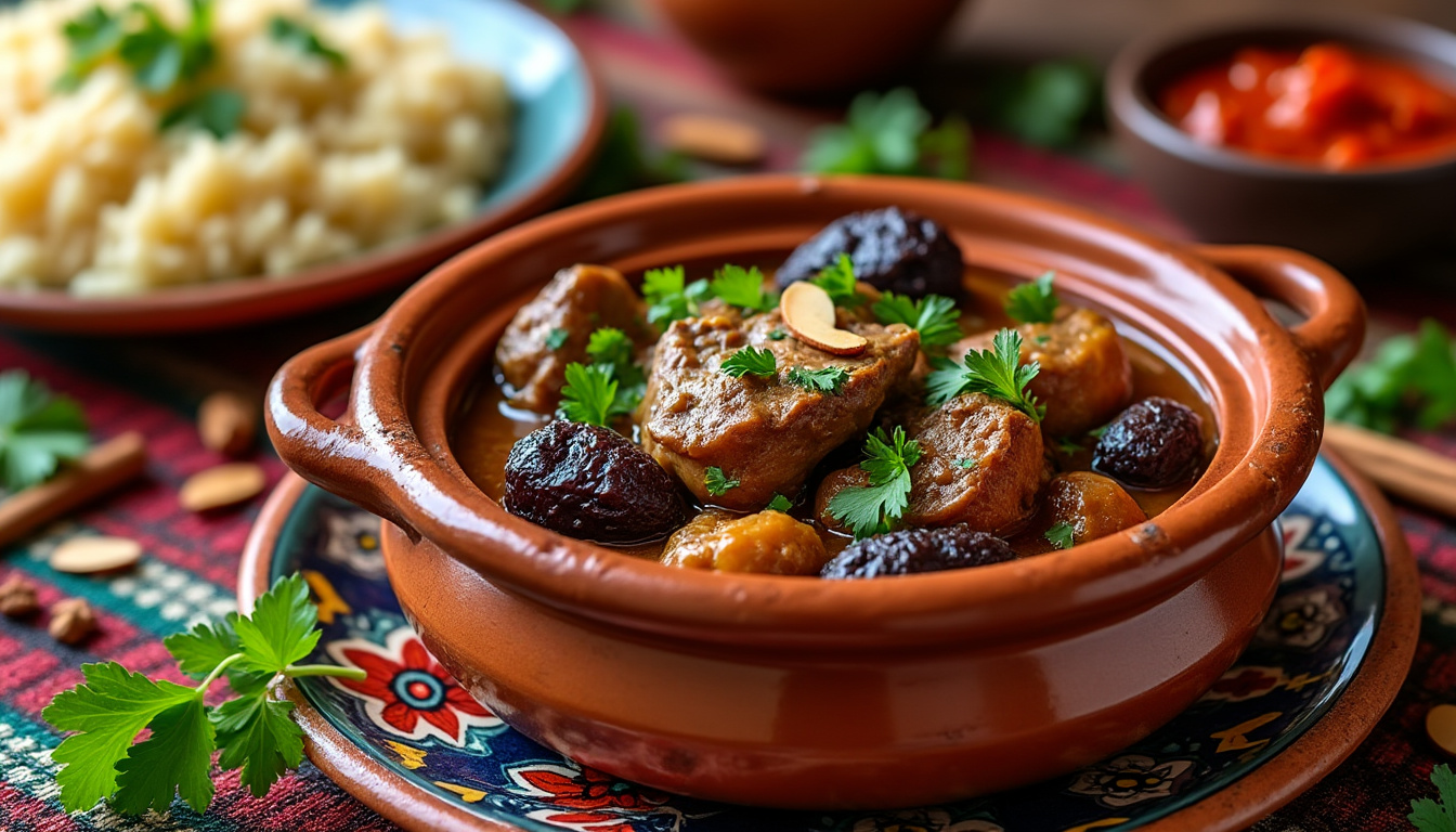 découvrez une délicieuse recette de tajine d'agneau halal aux pruneaux, alliant tendreté de la viande et douceur des fruits. parfaite pour un repas en famille, cette recette savoureuse éveille les papilles avec ses épices parfumées et son mélange harmonieux de saveurs. préparez-vous à régaler vos convives avec ce plat traditionnel marocain.