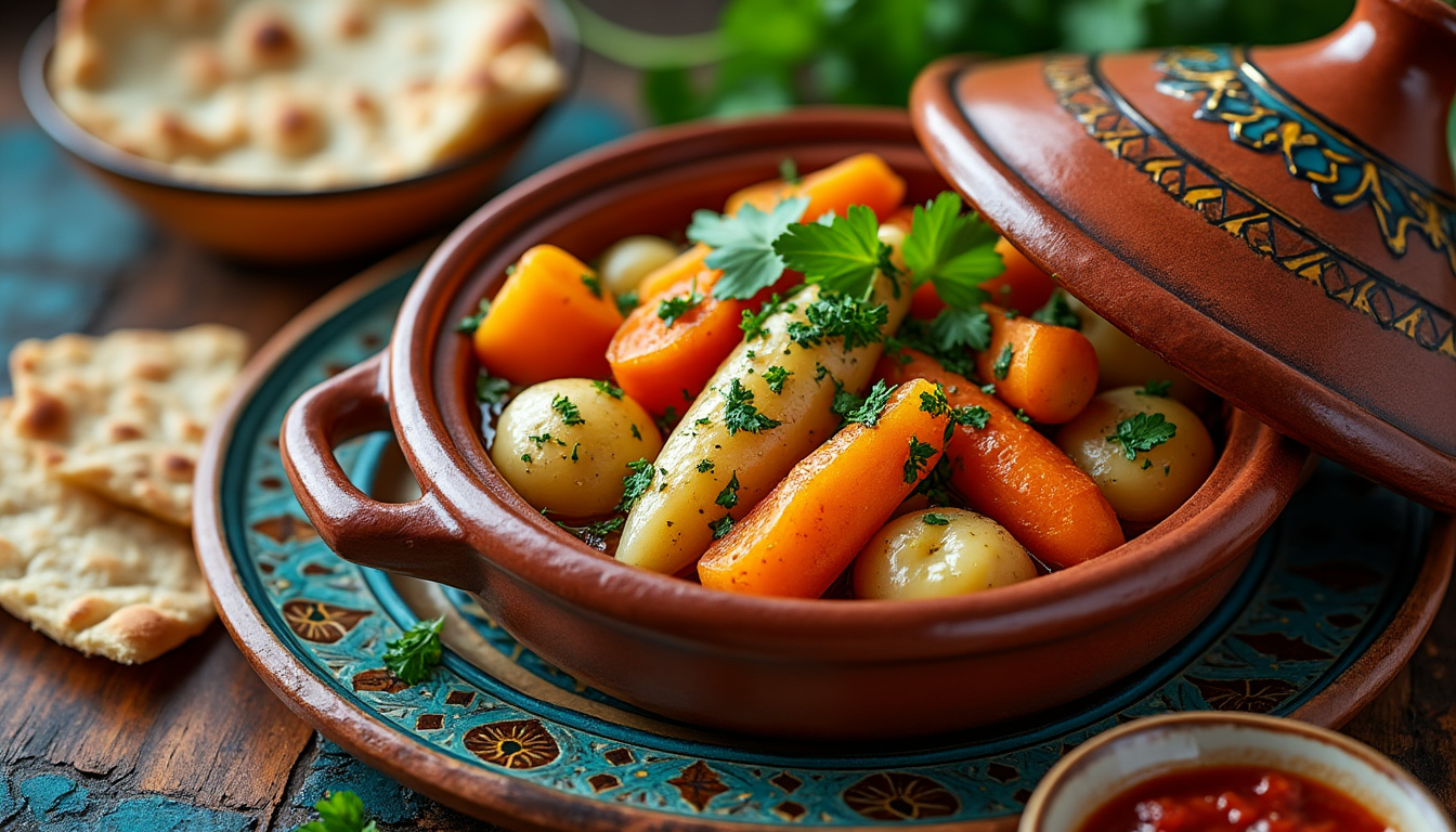 découvrez notre délicieuse recette de tajine de légumes racines halal, un plat réconfortant et savoureux. facile à préparer, ce tajine allie une variété de légumes de saison, épices parfumées et un mode de cuisson traditionnel pour ravir vos papilles. idéal pour un repas en famille ou entre amis, à savourer avec du pain ou du couscous.
