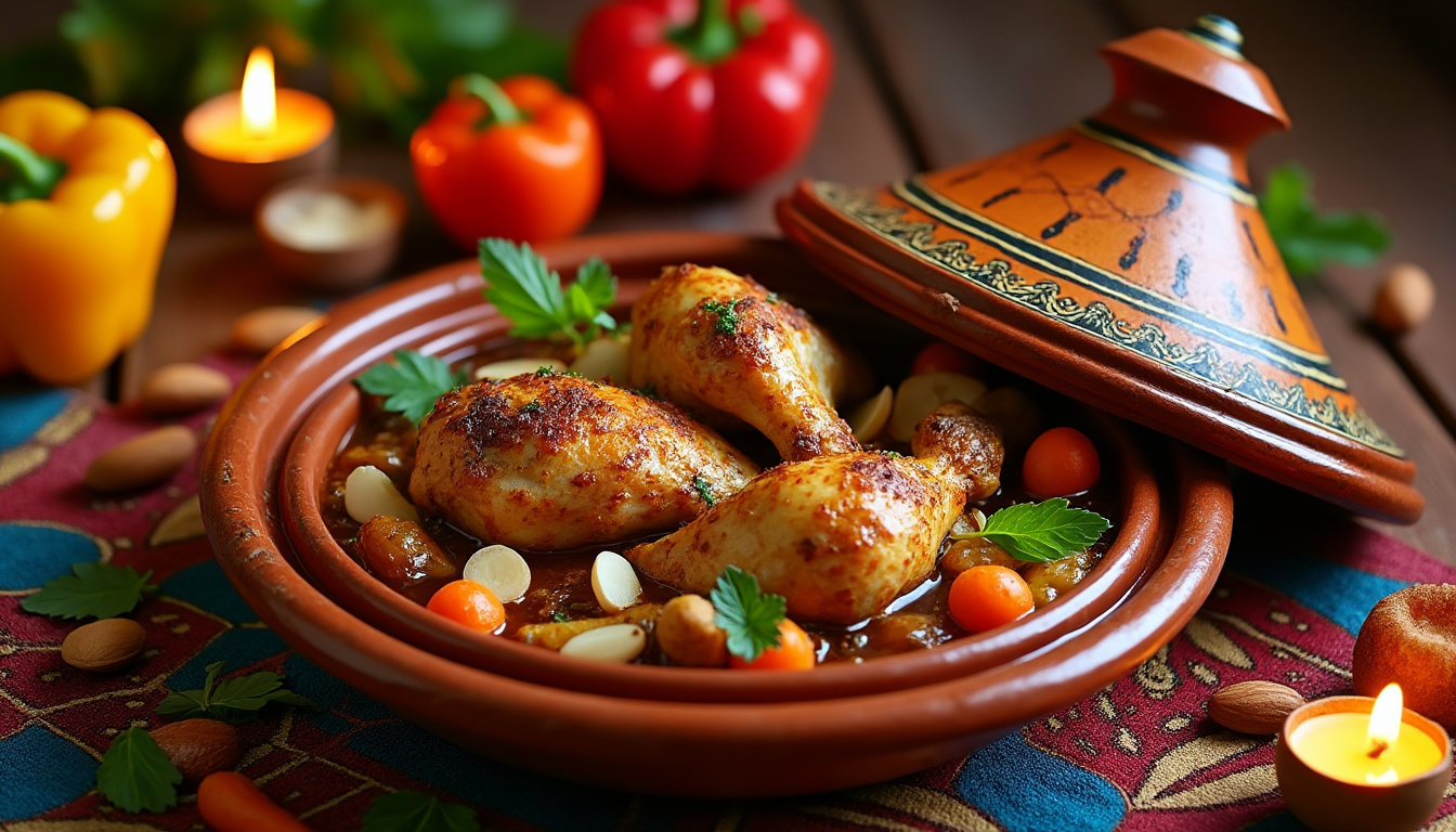 découvrez notre délicieuse recette de tajine de poulet aux amandes, un plat halal savoureux et réconfortant. savourez des morceaux de poulet tendre mijotés avec des amandes croquantes et des épices aromatiques, pour un repas convivial qui régalera toute la famille.