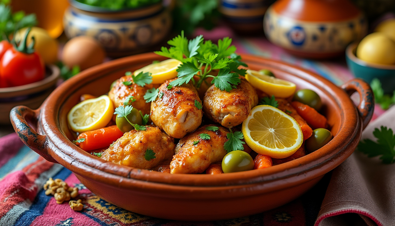 découvrez notre délicieuse recette de tajine de poulet aux citrons confits, un plat savoureux et halal qui ravira les papilles. facile à préparer, ce tajine allie tendreté du poulet et éclat des saveurs méditerranéennes pour un repas convivial réussi.