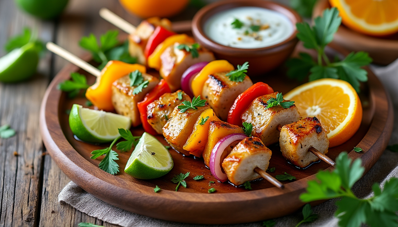 découvrez notre délicieuse recette de brochettes de dinde marinées aux agrumes, un plat halal savoureux et parfumé. parfait pour vos barbecues ou dîners, ces brochettes allient tendreté et goût, ravissant vos papilles avec une touche d'agrumes fraîche et une marinade pleine de caractère.