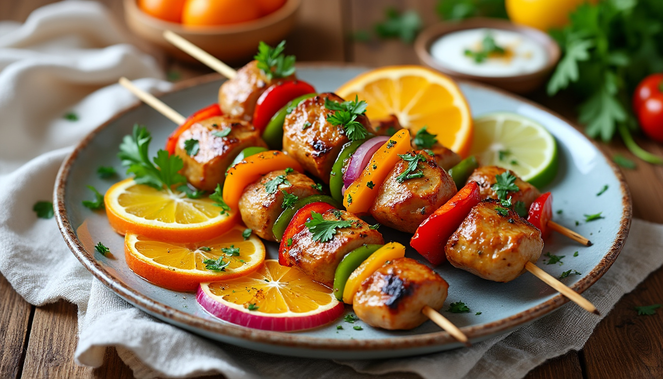 découvrez notre délicieuse recette de brochettes de dinde marinées aux agrumes halal. une combinaison savoureuse et estivale qui ravira vos papilles. idéales pour vos barbecues ou repas en famille, ces brochettes sont faciles à préparer et parfaites pour une alimentation équilibrée!