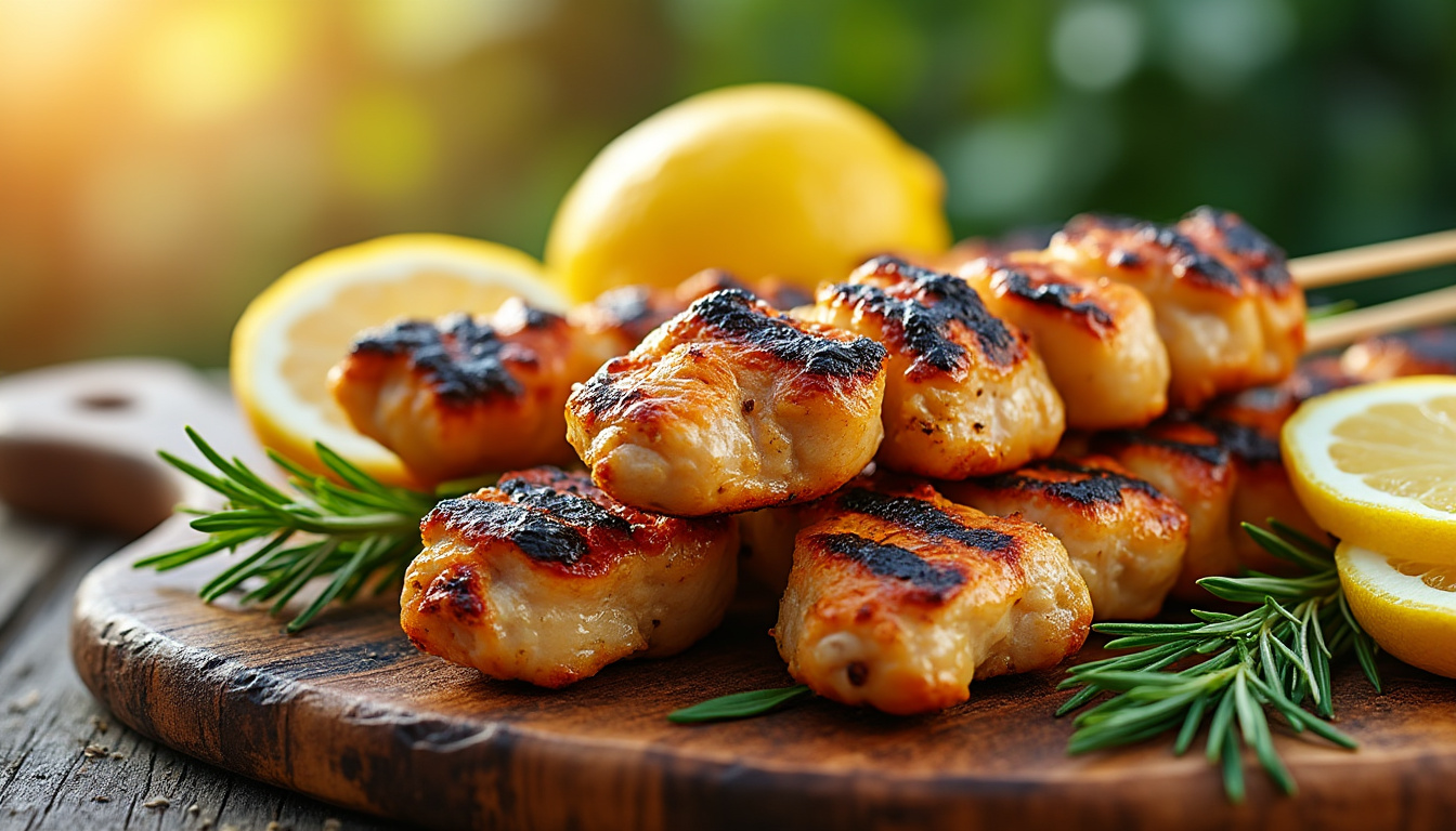 découvrez notre délicieuse recette de brochettes de poulet au romarin et citron, préparées avec des ingrédients halal. parfaites pour un barbecue ou un dîner entre amis, ces brochettes allient saveurs méditerranéennes et fraîcheur. faciles à réaliser, elles raviront vos papilles !