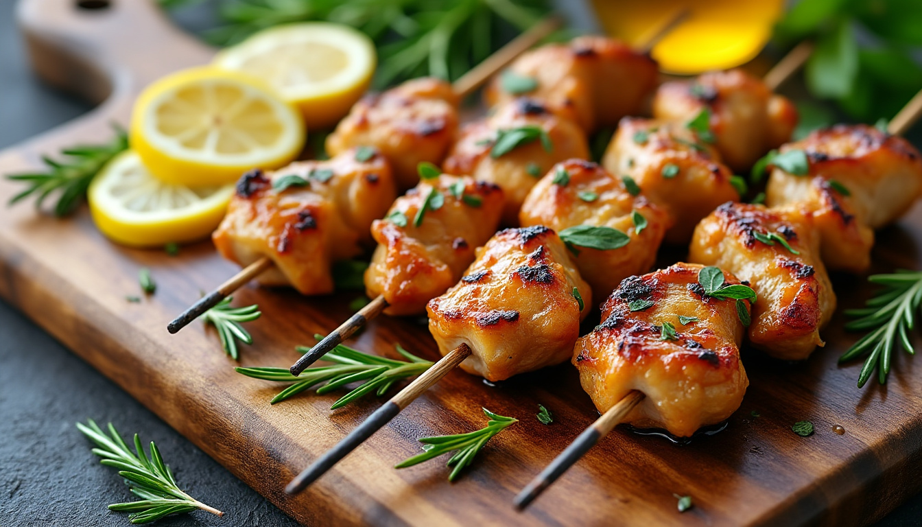 découvrez notre délicieuse recette de brochettes de poulet au romarin et citron halal. simple et savoureuse, elle allie tendreté du poulet et la fraîcheur du citron, idéale pour un repas convivial ou un barbecue entre amis. suivez nos étapes faciles pour un plat incontournable!