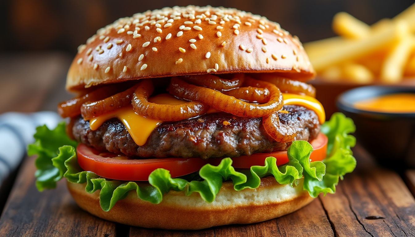 découvrez notre délicieuse recette de burger de bœuf aux oignons caramélisés halal. savourez le mariage parfait entre la tendreté de la viande hachée et la douceur des oignons, le tout dans un pain moelleux. parfait pour un repas en famille ou entre amis !