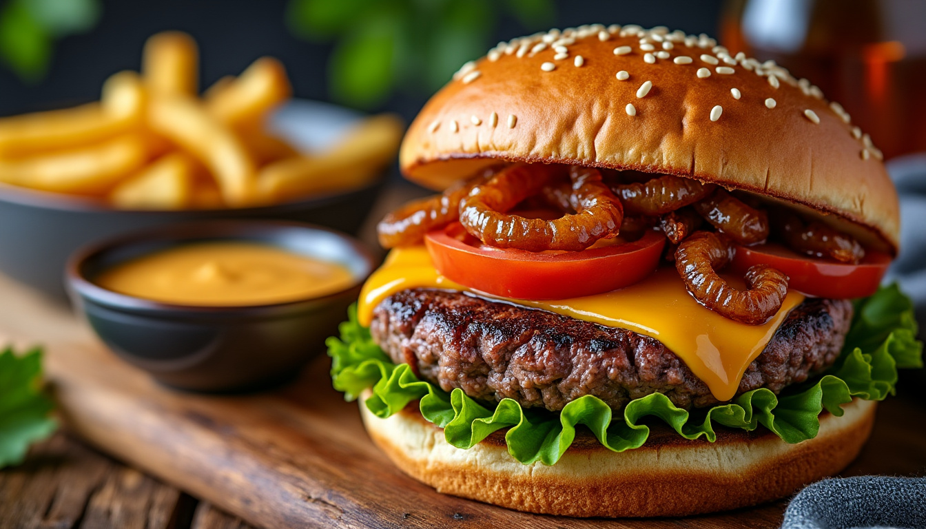 découvrez notre délicieuse recette de burger de bœuf aux oignons caramélisés halal. un dîner savoureux qui ravira vos papilles avec des ingrédients de qualité et un mélange de saveurs irrésistibles. parfait pour une soirée réussie en famille ou entre amis !