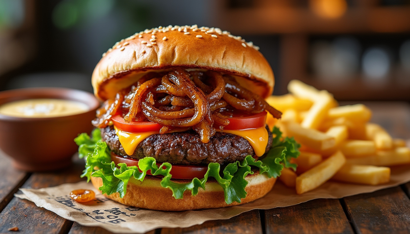 découvrez notre délicieuse recette de burger de bœuf aux oignons caramélisés halal. un mélange savoureux pour une expérience culinaire unique, facile à préparer pour régaler vos convives. idéal pour vos repas en famille ou entre amis !