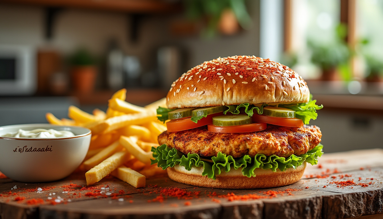 découvrez notre délicieuse recette de burger de poulet au paprika halal, idéale pour un repas savoureux et réconfortant. savourez un poulet juteux mariné dans des épices parfumées, servi dans un pain moelleux avec des garnitures fraîches. parfait pour les amateurs de cuisine familiale et halal !