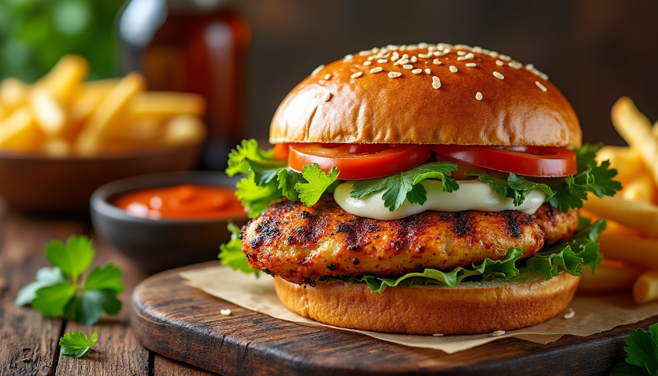 découvrez notre délicieuse recette de burger de poulet aux épices cajun halal. savourez chaque bouchée avec des épices audacieuses et une viande tendre, le tout dans un pain moelleux. idéal pour un repas rapide et savoureux !
