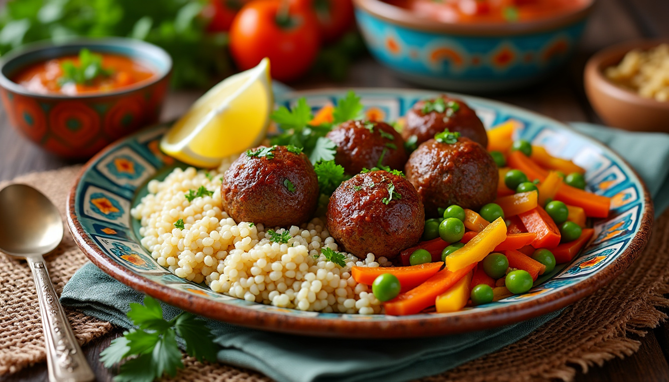 découvrez une délicieuse recette de couscous aux boulettes de kefta d'agneau halal, alliant saveurs épicées et textures tendres. parfait pour un repas convivial en famille ou entre amis, ce plat traditionnel vous transportera au cœur des saveurs méditerranéennes. suivez nos étapes simples pour préparer ce met savoureux et satisfaisant.