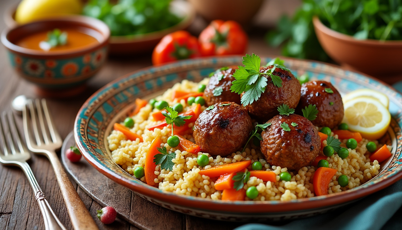 découvrez notre délicieuse recette de couscous aux boulettes de kefta d’agneau halal. un plat savoureux et réconfortant, idéal pour régaler vos convives. facile à préparer, il marie des épices envoûtantes et des ingrédients frais pour une expérience culinaire inoubliable.