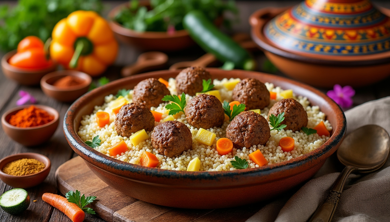 découvrez notre délicieuse recette de couscous aux boulettes de kefta et légumes, un plat traditionnel savoureux et halal. parfait pour un repas convivial, ce couscous allie la richesse des épices et la fraîcheur des légumes pour régaler vos papilles. suivez nos étapes simples et profitez d'un voyage culinaire au cœur de la cuisine méditerranéenne.