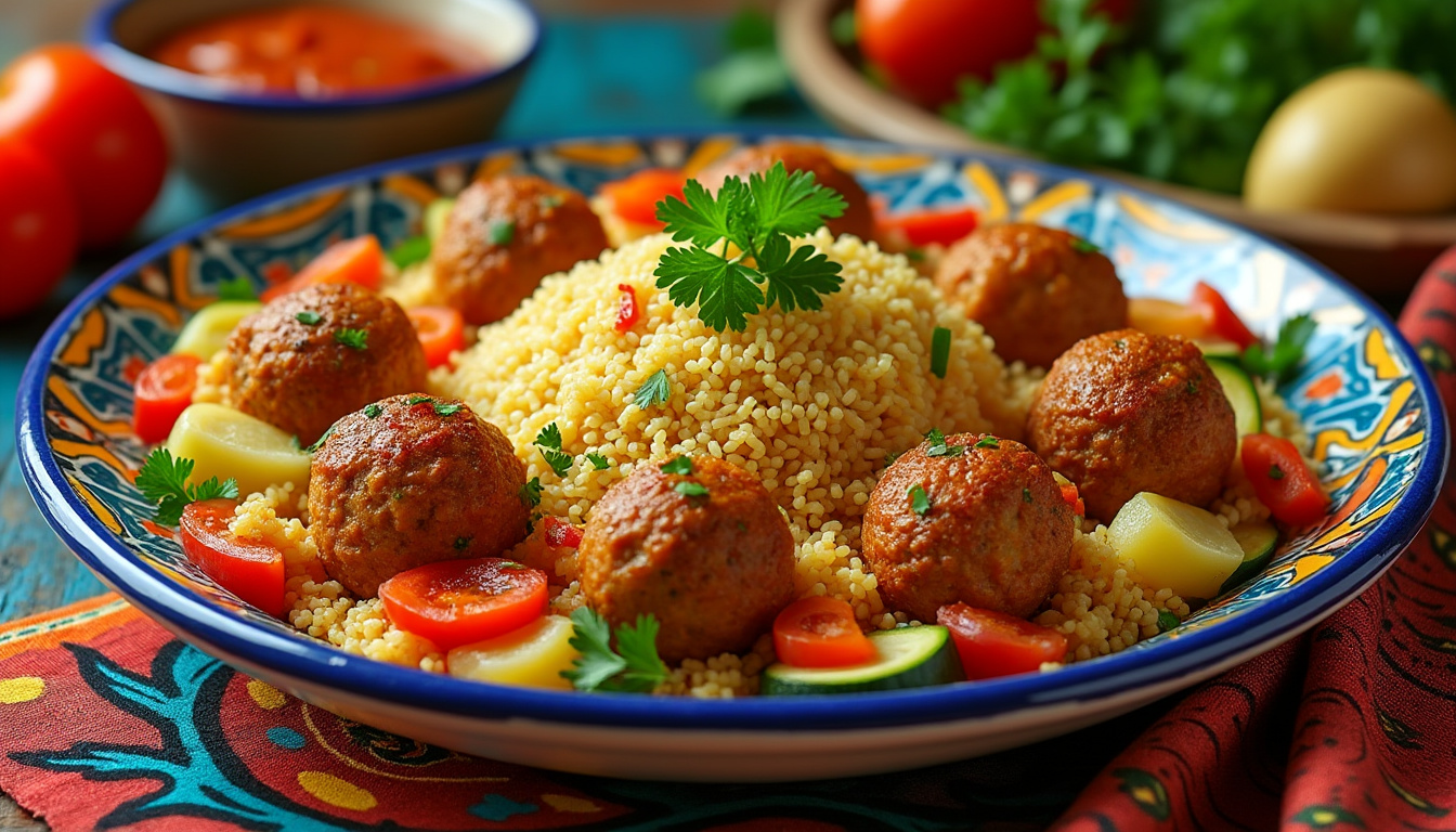 découvrez notre délicieuse recette de couscous aux boulettes de poulet halal, un plat savoureux et réconfortant qui ravira toute votre famille. facile à préparer, ce couscous est parfumé d'épices et agrémenté de légumes frais pour un repas équilibré et gourmand.
