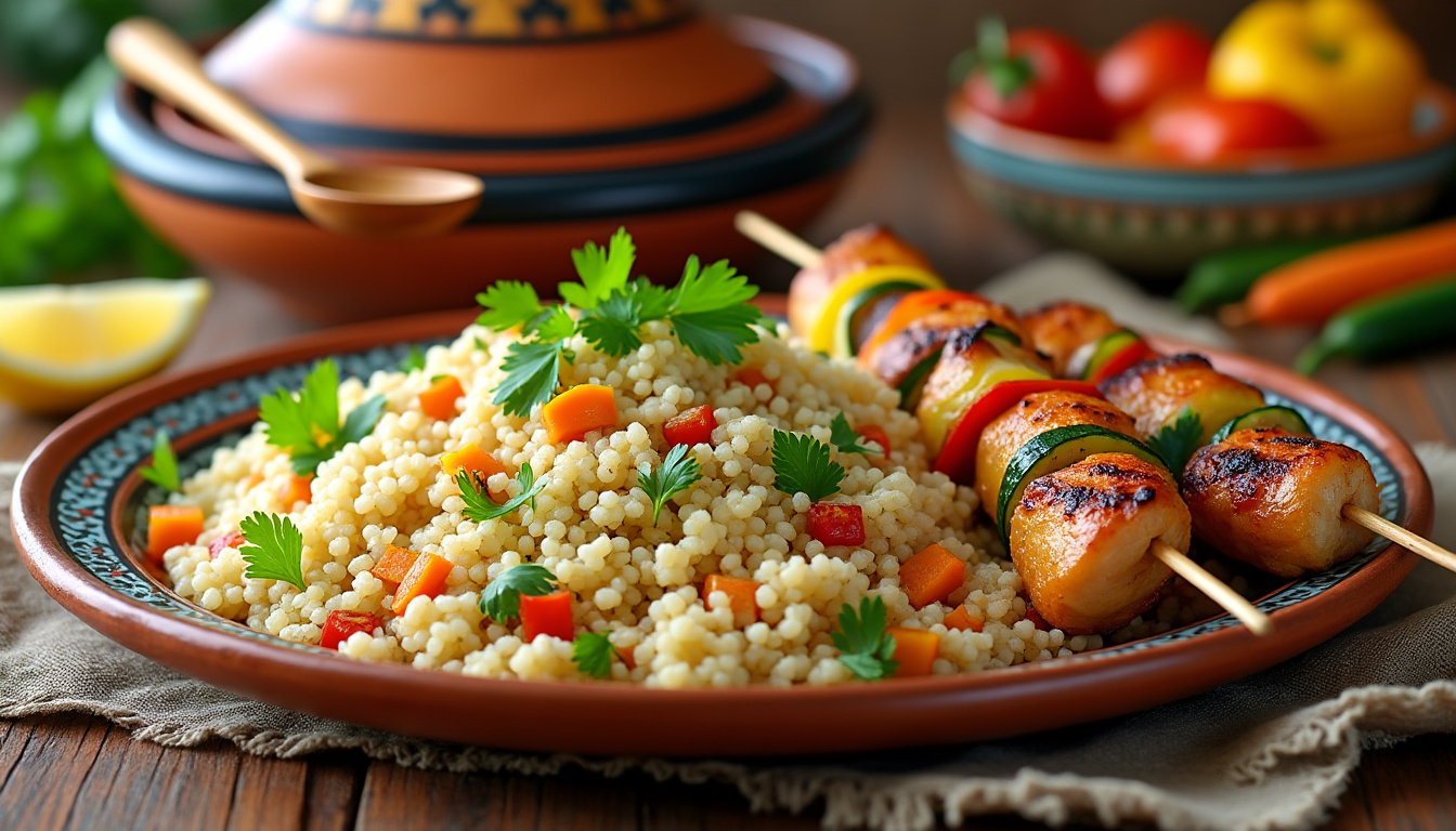 découvrez notre délicieuse recette de couscous aux brochettes de poulet halal, un plat savoureux et réconfortant qui allie la tendreté du poulet grillé aux parfums épicés du couscous. parfait pour régaler vos invités lors de vos repas en famille ou entre amis.