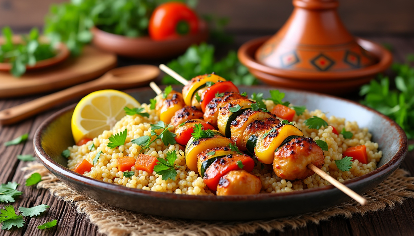 découvrez une délicieuse recette de couscous aux brochettes de poulet halal, alliant saveurs authentiques et ingrédients frais. un plat convivial et réconfortant idéal pour vos repas en famille ou entre amis.