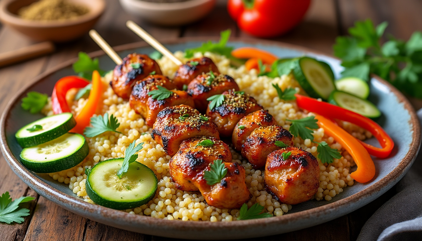 découvrez notre recette savoureuse de couscous aux brochettes de poulet halal, un plat traditionnel riche en saveurs et facile à préparer. idéal pour vos repas en famille ou entre amis, ce couscous agrémenté de délicieuses brochettes saura séduire les papilles de tous les gourmets.