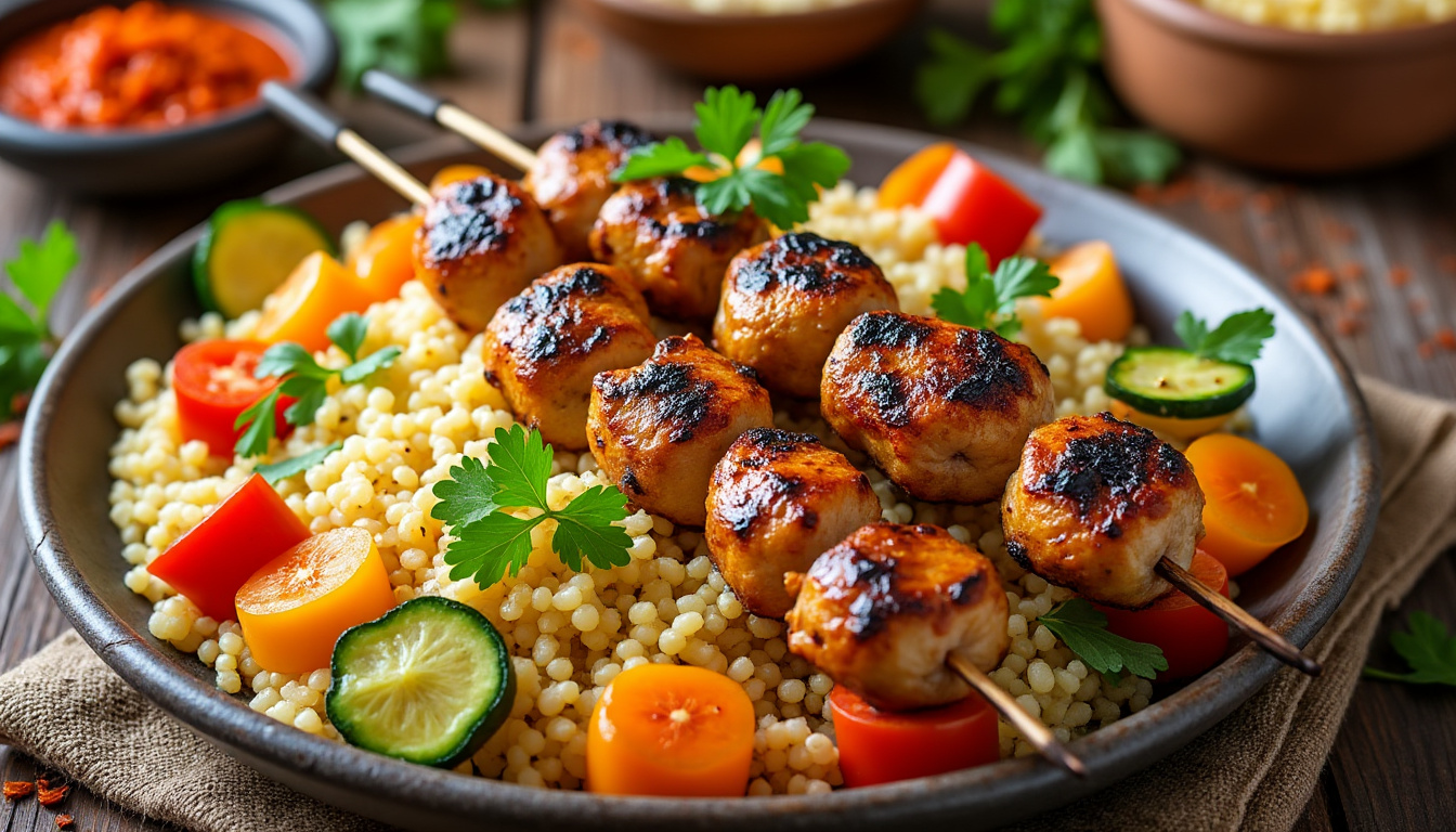 découvrez notre délicieuse recette de couscous aux brochettes de poulet halal. un plat savoureux et réconfortant, parfait pour vos repas en famille ou entre amis, combinant des saveurs traditionnelles et des ingrédients de qualité.