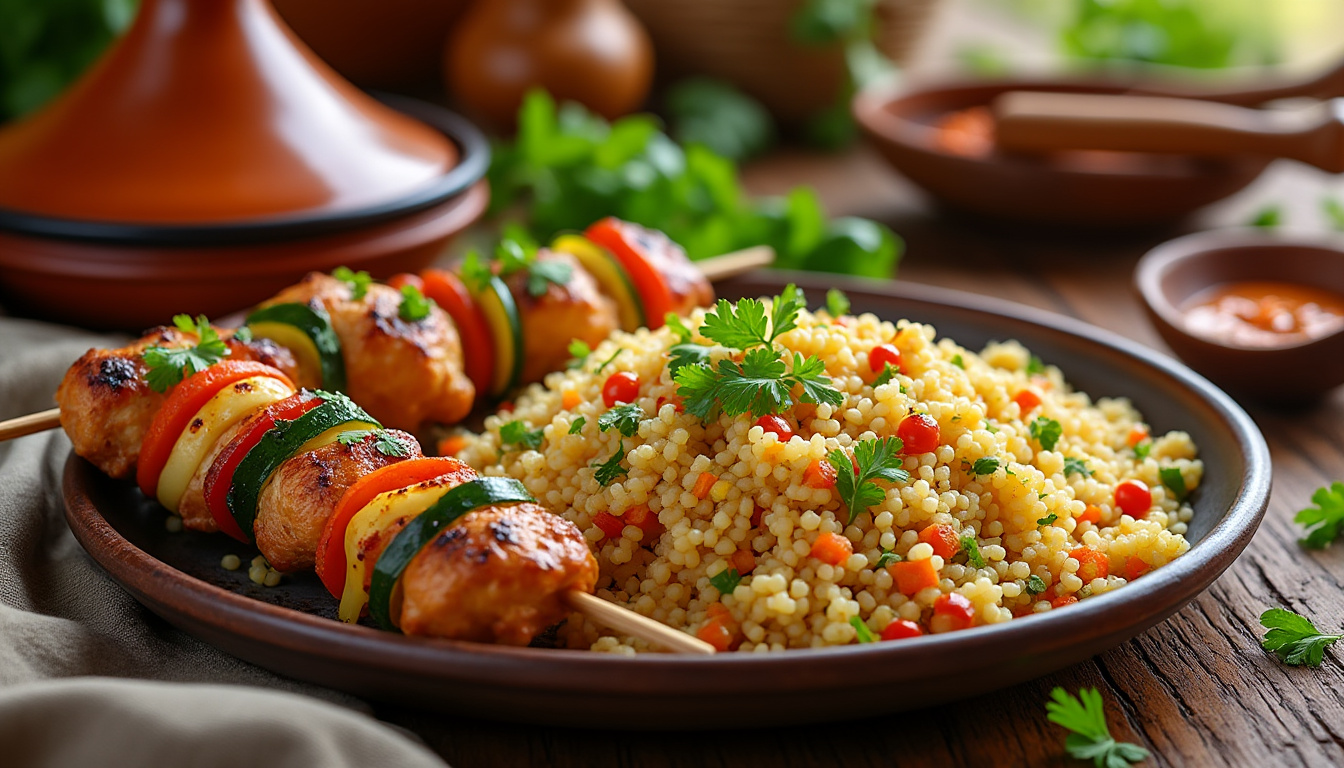 découvrez notre délicieuse recette de couscous aux brochettes de poulet halal ! un plat savoureux et réconfortant qui ravira vos papilles et celles de vos convives. parfait pour les repas en famille ou entre amis, apprenez à préparer ce classique de la cuisine du maghreb facilement !