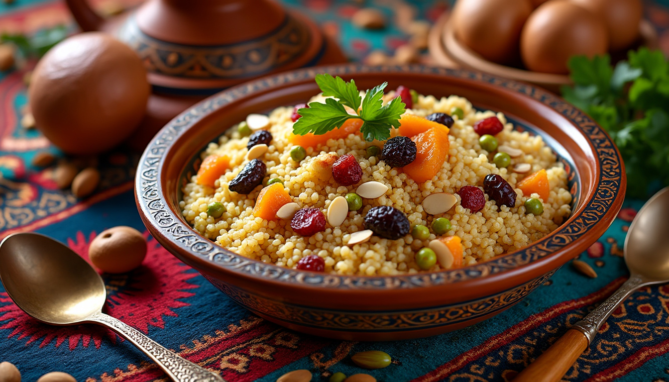 découvrez notre savoureuse recette de couscous aux fruits secs halal, un plat gourmand et parfumé qui ravira vos convives. facile à préparer, ce couscous allie les saveurs sucrées et salées pour une expérience culinaire unique. parfait pour toutes les occasions, il vous transportera au cœur des traditions culinaires du maghreb.